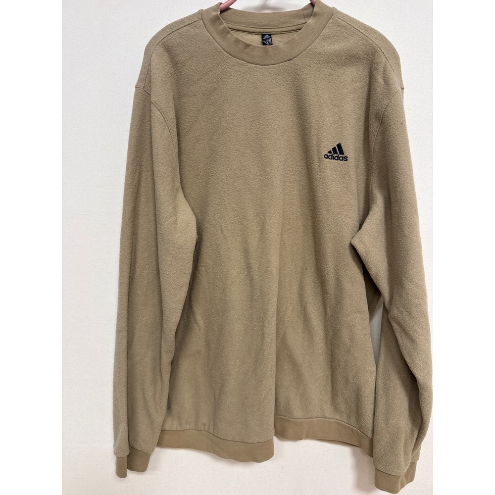Adidas Mens XL Tan Khaki Fleece Crewneck Sweatshirt Embroidered Logo Pullover